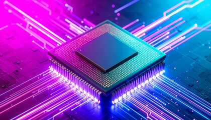 CPU on circuit board, glowing neon lines
