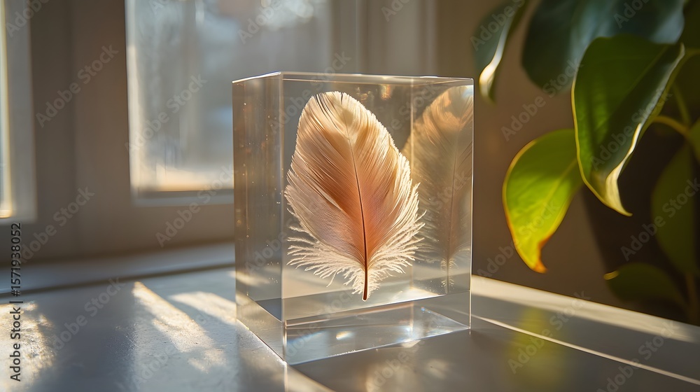 Poster a single soft feather suspended in a geometric acrylic cube creating a minimal nature inspired displ