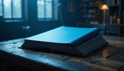 Open Book on Wooden Table in Library with Moody Blue Lighting