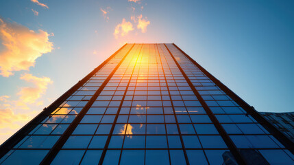 A tall building with a lot of windows and a sun shining on it