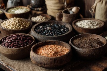 A variety of legumes are arranged in wooden bowls
