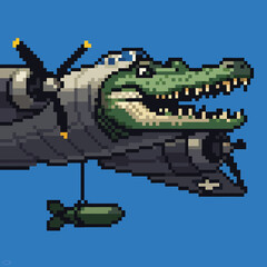 Vector Illustrations. Anomali Italian Brainrot Crocodilo Bombardilo Pixel Art Alligator Pilot in WWII Bomber Plane with Bomb. EPS Editable