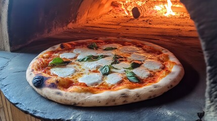 A woodfired oven is baking a delicious margherita pizza