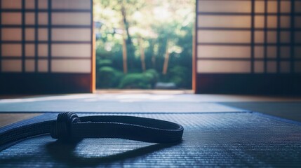 A black belt lies on a tatami mat in a traditional japanese dojo