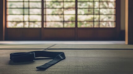 A black belt rests on a tatami mat inside a japanese dojo with a garden view