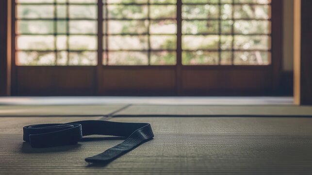 A black belt rests on a tatami mat inside a japanese dojo with a garden view - Powered by Adobe