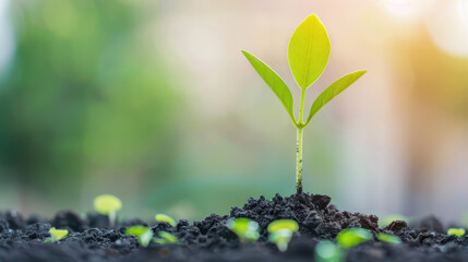 A small green plant is growing in the dirt