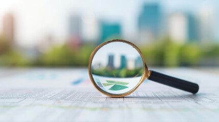 A magnifying glass is on a table with a city view in the background