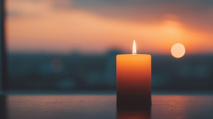 A candle is lit on a table in front of a city skyline