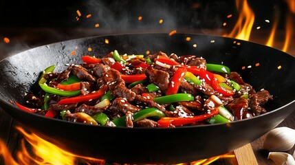 Beef stirfry with colorful peppers is cooked in a wok over flames