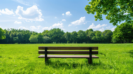 A park bench sits in a grassy field with a clear blue sky above