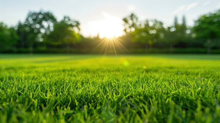 A large field of green grass with a bright sun shining on it