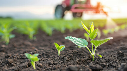 A field of green plants with a tractor in the background