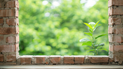 A plant is growing out of a brick window sill