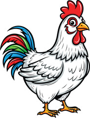 A vibrant and cheerful cartoon illustration of a white rooster, featuring a striking red comb and wattle, and a distinct multi-colored tail
