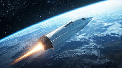 Futuristic Rocket Launching into Space Above the Earth’s Atmosphere
