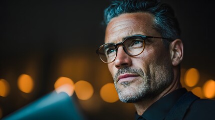 Thoughtful Businessman Looking Up, Out of Focus City Lights