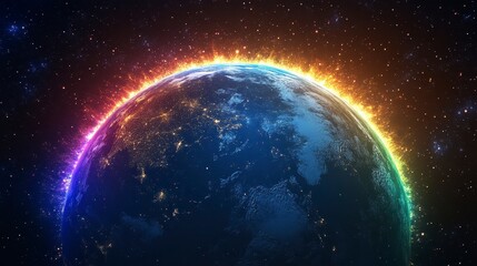 Obraz premium Earth with Colorful Flames and Stars in Cosmic Background