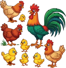 Gardinen A vibrant vector illustration featuring a delightful collection of cartoon chickens roosters and adorable yellow chicks showcasing a lively farm family scene © amodha
