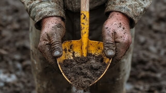 Close-up of dirty hands holding a shovel full of dark soil