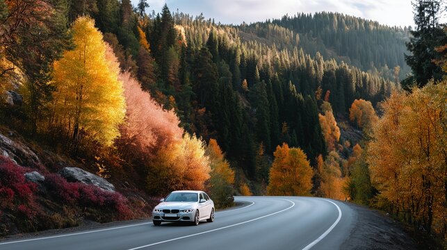White car driving along winding road through vibrant autumn forest in mountain region during late afternoon - Powered by Adobe
