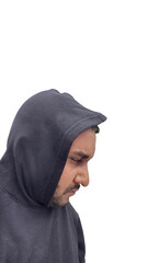 portrait of a man looking sad and depressed, serious expression, wearing a hoodie cap on the head and looking down, transparent background. negative feelings and emotions, hopeless and lost concept