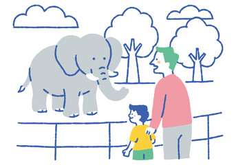 Parent and child watching elephants at the zoo_Color