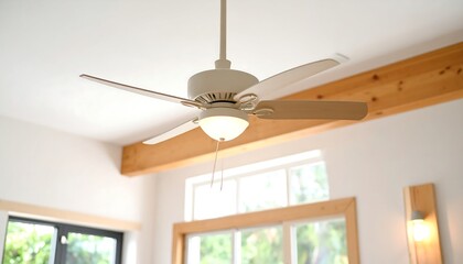 Cream ceiling fan, light, in a room with a wooden beam and windows