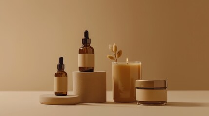 Captivating light brown packshot showcasing elegant skincare products arranged harmoniously in a serene setting