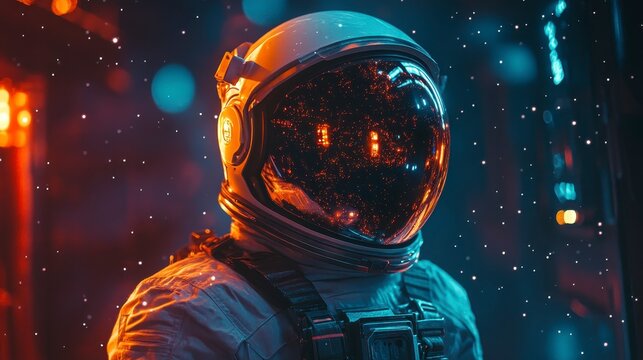 Astronaut in Space Suit Surrounded by Vibrant Cosmic Colors and Lights