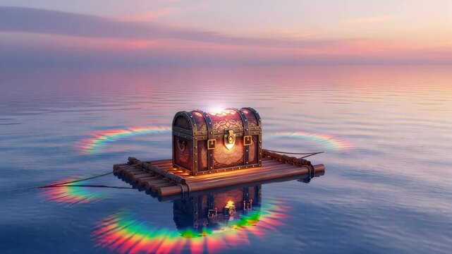 Glowing Wooden Chest on Raft at Sunset