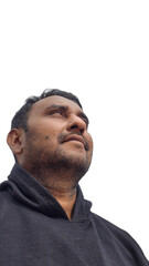 portrait of a man with a stubble beard looking up with a smile, casual and candid, pleasant expressions, smiling and looking in the distance, happy and content. transparent background. real people