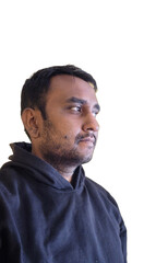 portrait of a man with a beard looking away from the camera, trendy clothing, pleasant expressions happy face, transparent background. wearing a black hoodie. smiling casually. real authentic person..