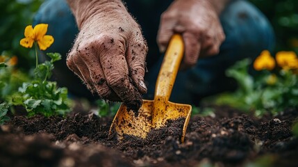Fototapeta premium Close-up of hands working soil with trowel. Elderly gardener tending a flowerbed
