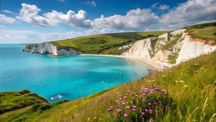 Obraz premium Scenic White Cliffs and Turquoise Cove with Wildflowers on a Sunny Coastline