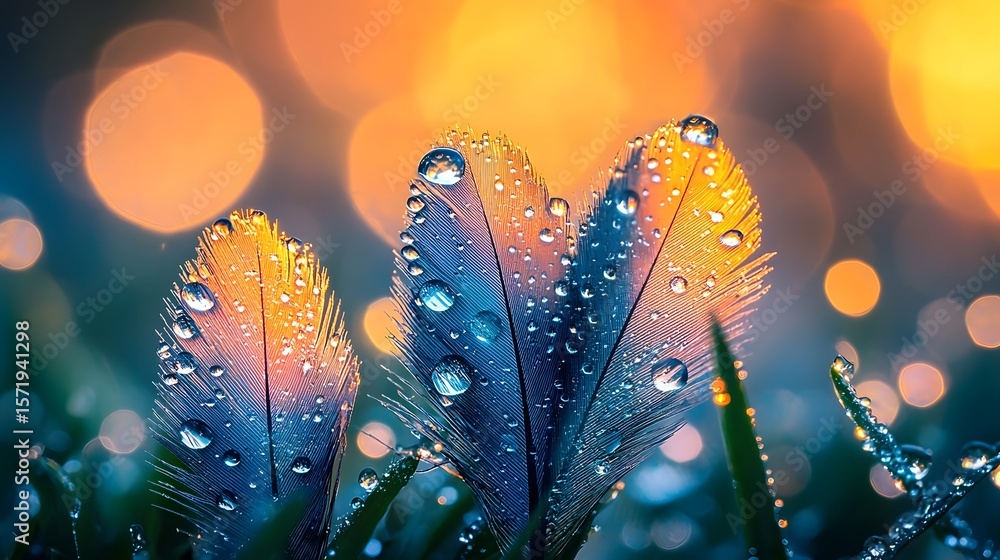 Aufkleber vibrant iridescent feathers caught in the dewy grass showcasing the intricate details and patterns w