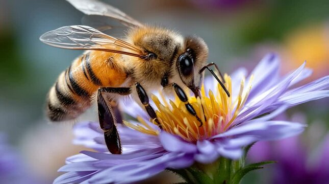 A bee collecting nectar from a beautiful flower, a perfect image for nature enthusiasts