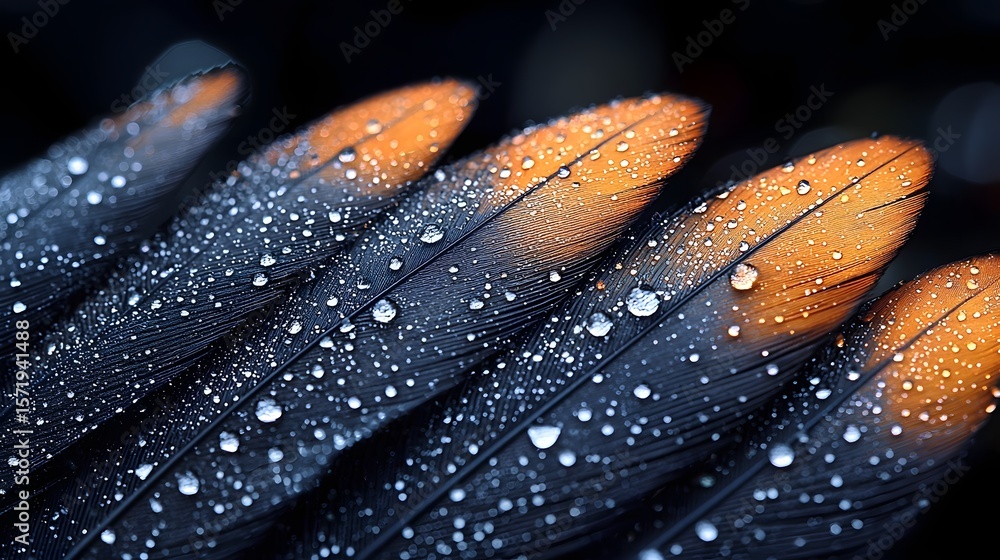 Poster extreme close up of soft orange duck feathers adorned with tiny reflective water droplets creating a