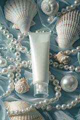 Natural cream displayed elegantly with seashells and pearls in a luxurious coastal setting