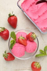 Tasty sorbet with strawberries and mint served on light table, flat lay