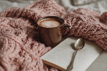 Cozy Autumn Vibes A Warm Cup of Coffee, a Book, and a Knitted Blanket