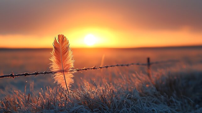 A delicate feather caught by the barbs of a weathered fence wire blowing gently in the warm golden light of a rural sunset landscape
