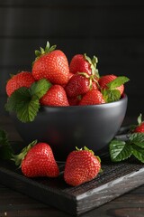 Fresh ripe strawberries and leaves in bowl on black wooden table, closeup