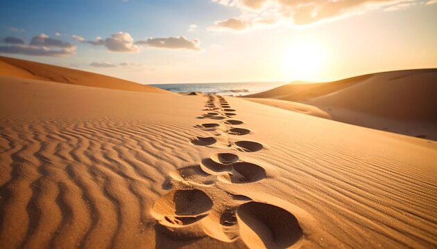 Footprints in golden desert sand, leading to sunset