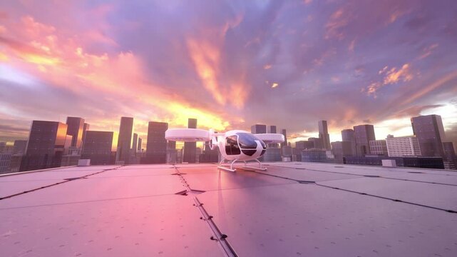 Futuristic eVTOL Aircraft on Rooftop Helipad in Modern City at Sunset