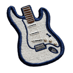 A blue and white embroidered electric guitar patch for music lovers isolated on transparent background