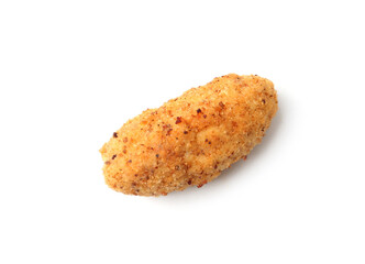 One tasty fried croquette isolated on white, top view