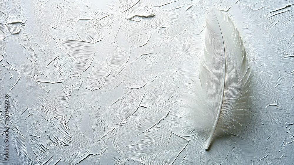 Poster a single ethereal feather rests peacefully in the bottom right corner of a solid white canvas emphas