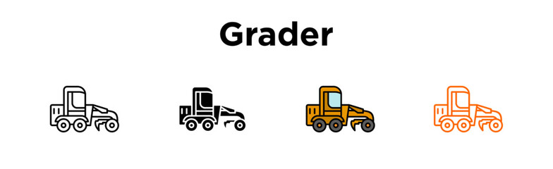 Grader icon multiple. icon set. Editable Stroke Icon Collection. Grader, Motor Grader, Road Grader, Construction Grader, Heavy Equipment, Grading Machine, Earth Grader, Land Leveling, Blade Grader, Si