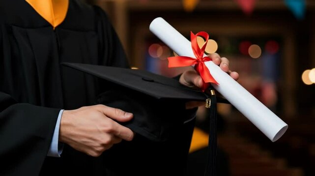 Detail shot of a hand holding a graduation cap and diploma scroll with red ribbon. Represents the joy of graduation day.